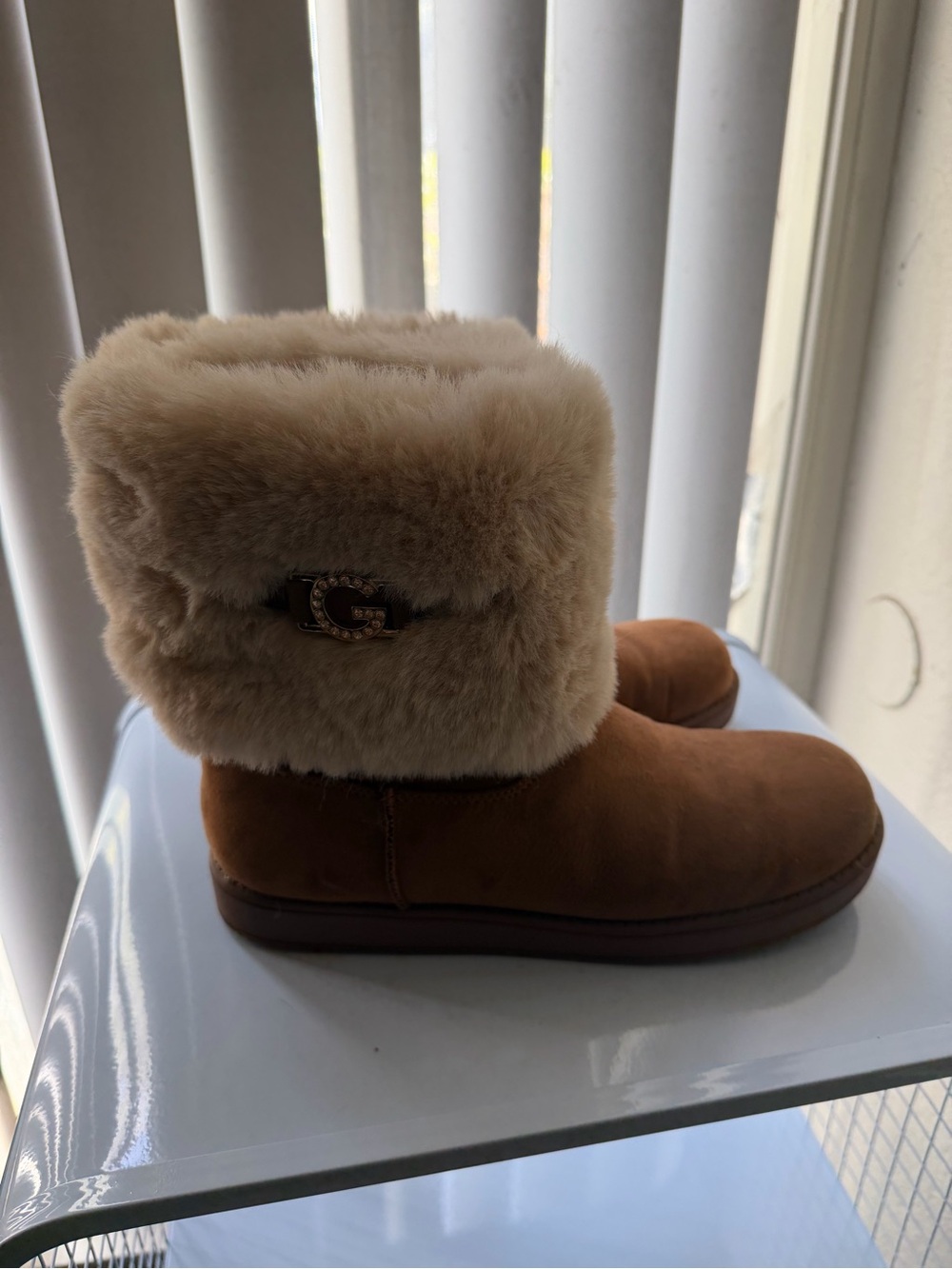 Guess Brown Suede Ankle Boots with Cream Faux Fur Cuff